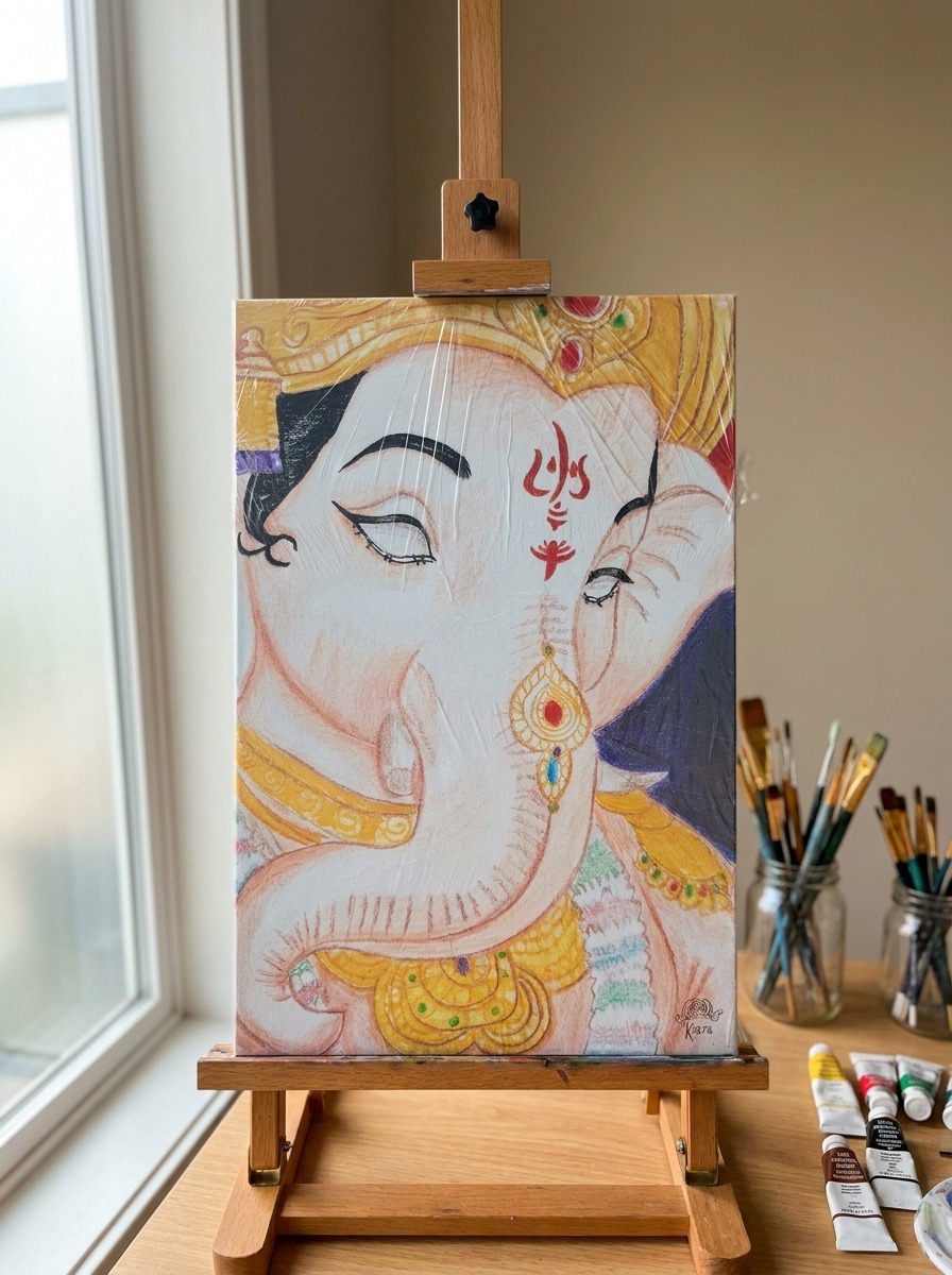 Ganesha in Gold — a hand-drawn painting displayed on a wooden easel in Keeks' art studio